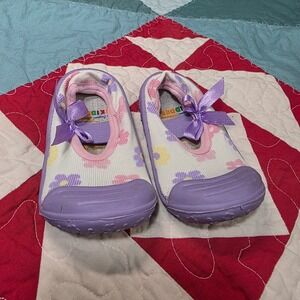 Skidders Mary Jane Shoes Baby Girl Size 6 18M Purple Floral Bow Slip On Slippers